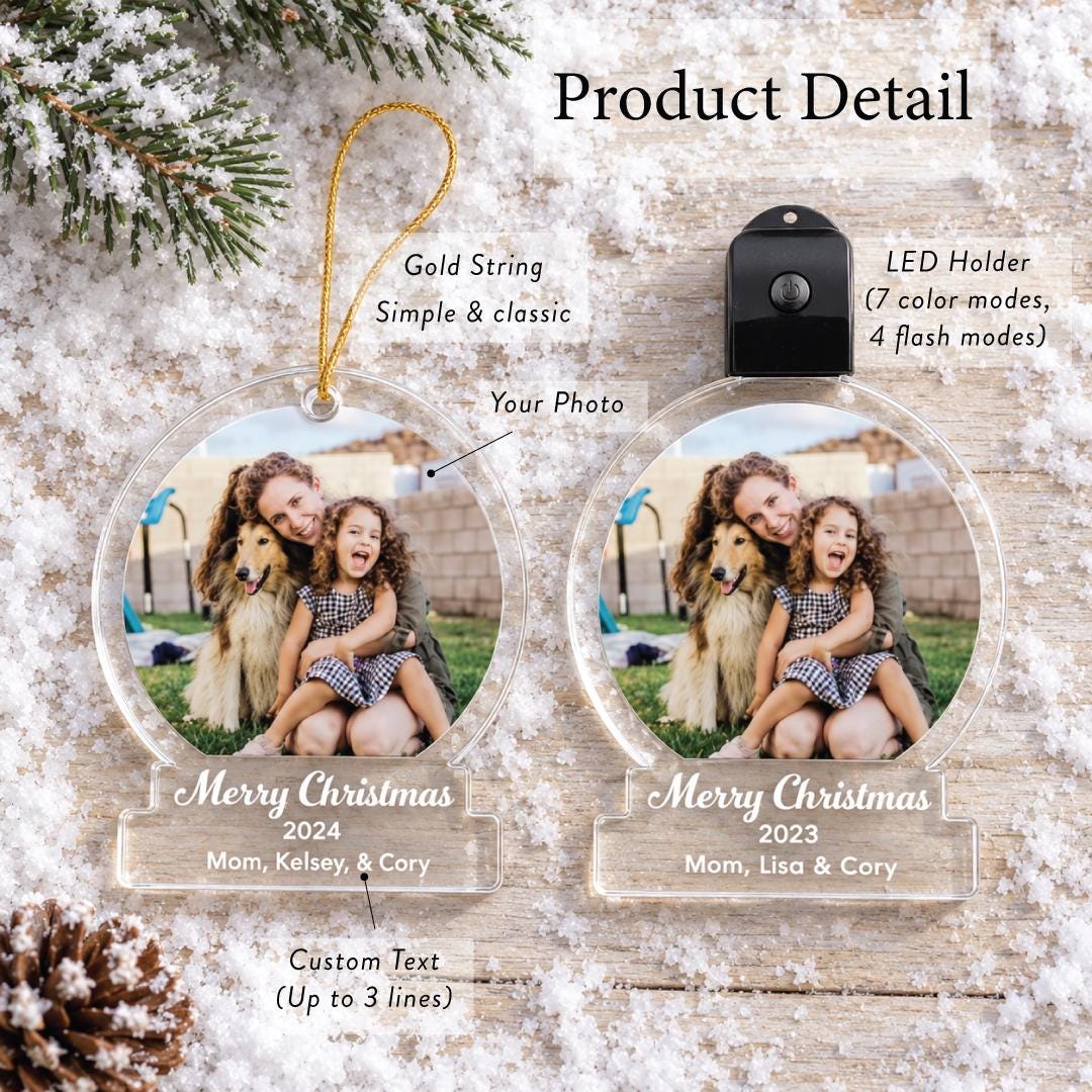Custom Photo Snow Globe Ornament, LED Color Changing Christmas Ornament, Personalized Holiday Keepsake