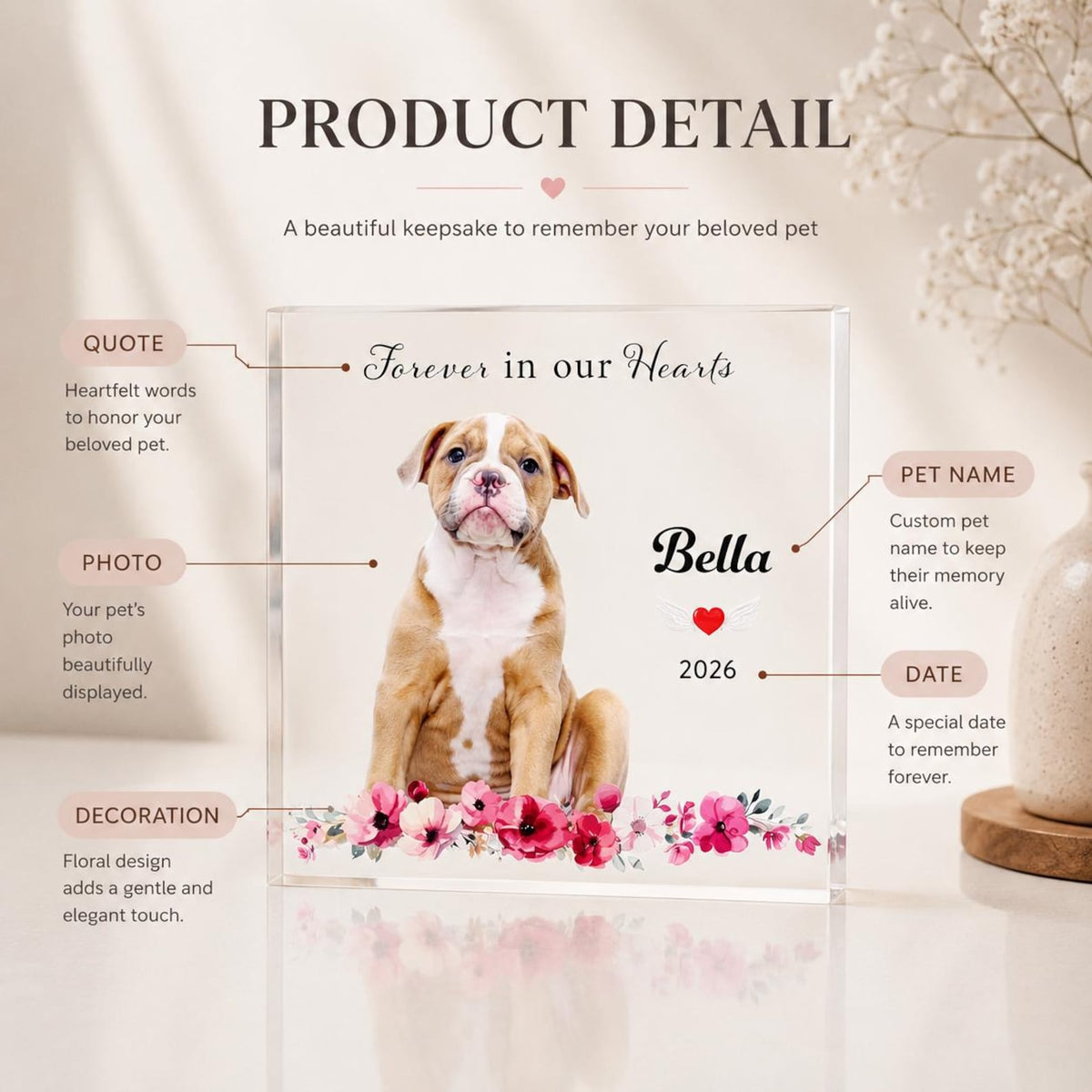 Personalized Pet Memorial Acrylic Block, Photo and Floral Design — photo 6