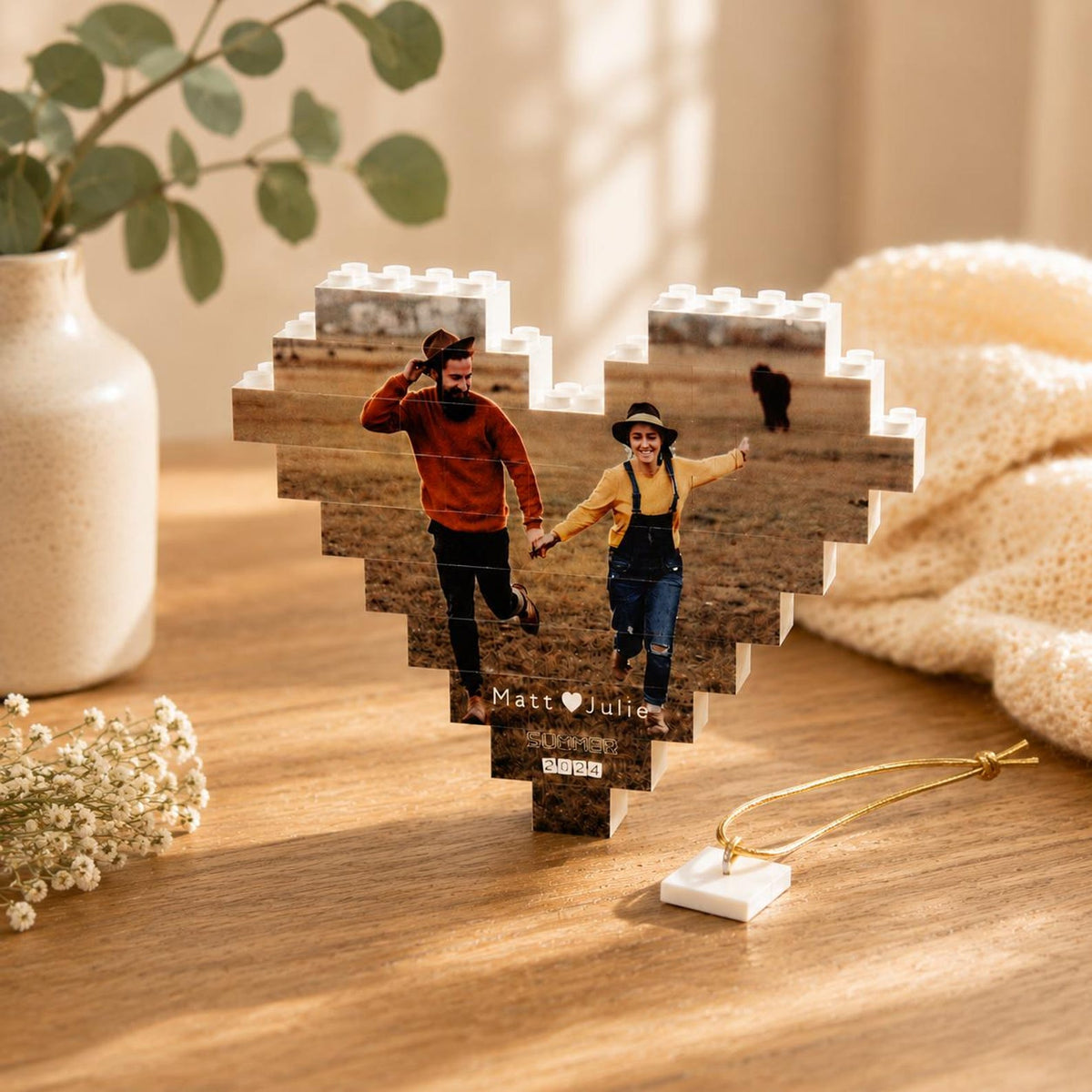 Custom Photo Building Block Ornament, Heart Brick Puzzle, Personalized Couple or Family Photo Gift — photo 2