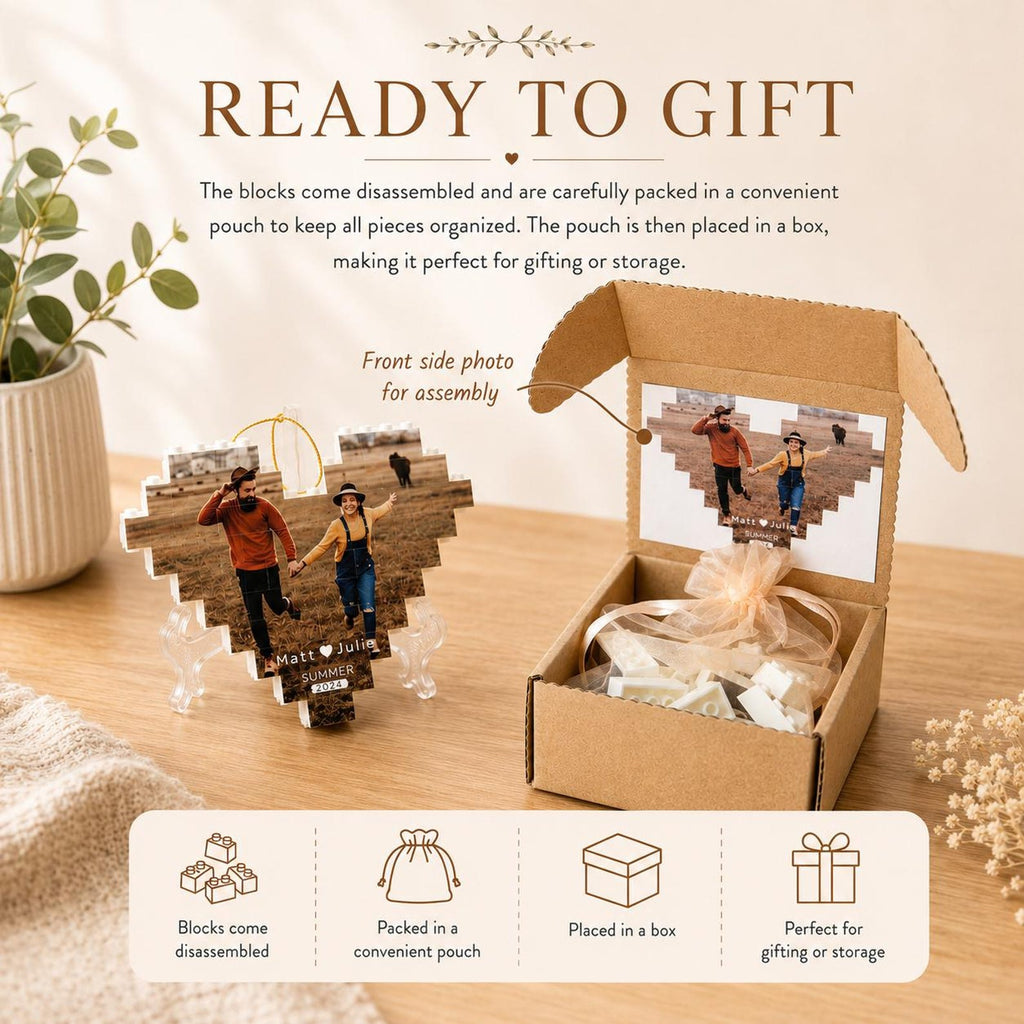 Custom Photo Building Block Ornament, Heart Brick Puzzle, Personalized Couple or Family Photo Gift — photo 3