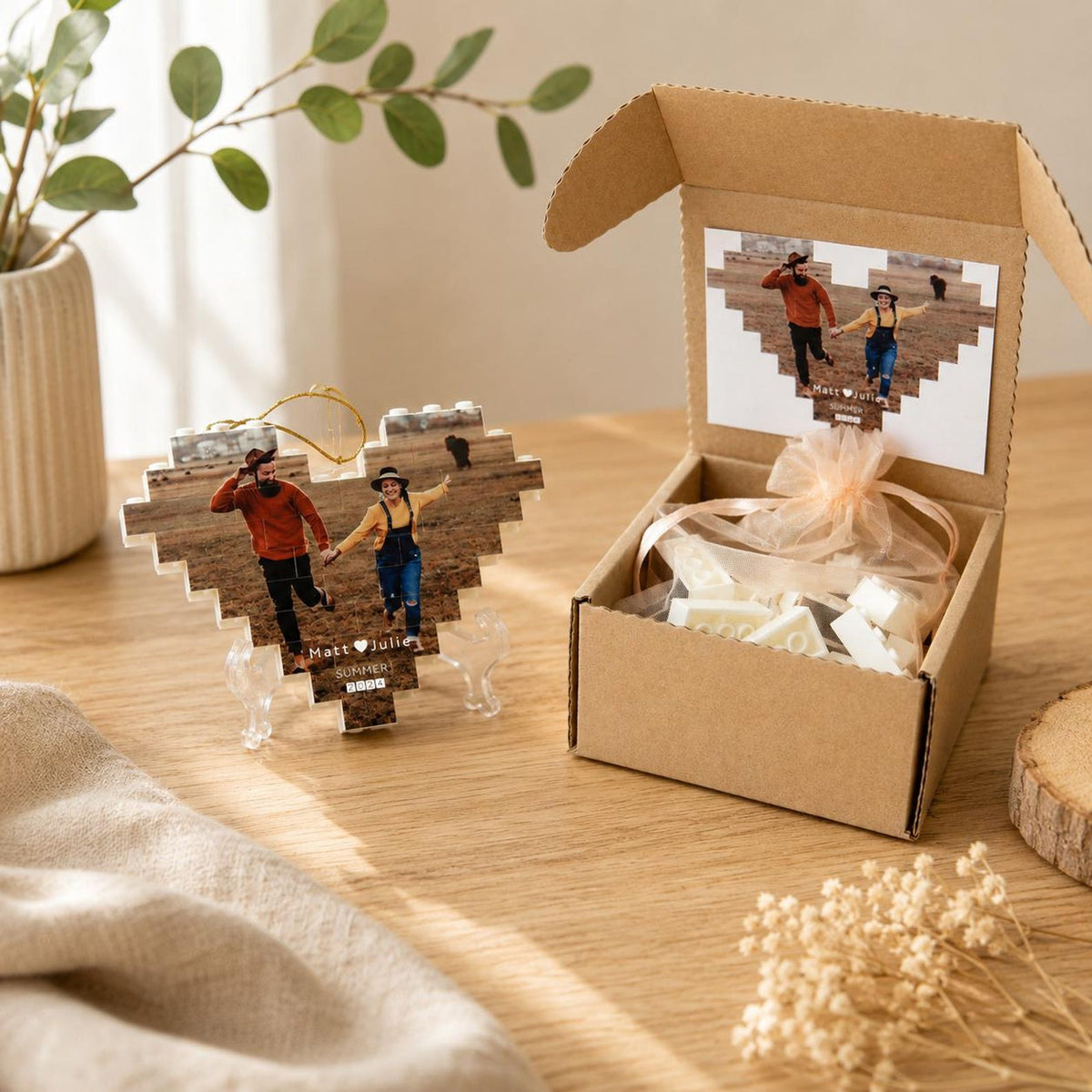 Custom Photo Building Block Ornament, Heart Brick Puzzle, Personalized Couple or Family Photo Gift — photo 7