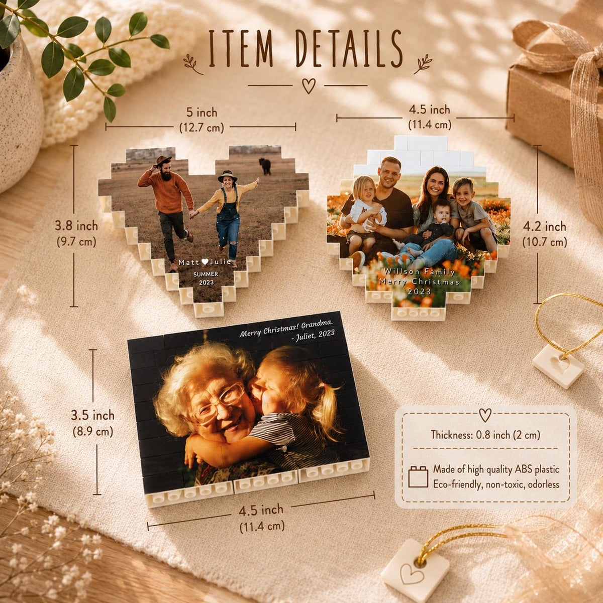 Custom Photo Building Block Ornament, Heart Brick Puzzle, Personalized Couple or Family Photo Gift — photo 4