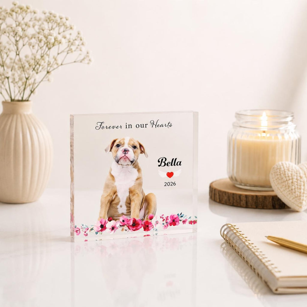 Personalized Pet Memorial Acrylic Block, Photo and Floral Design — photo 1
