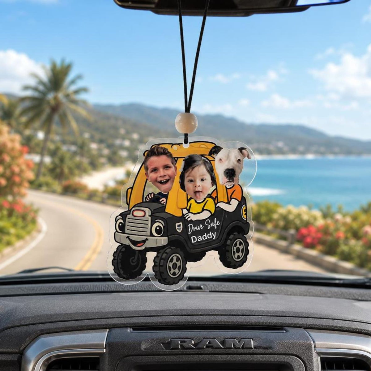 Drive Safe Daddy, Toy Truck, Custom Car Charm with Kids & Pet Faces — photo 2