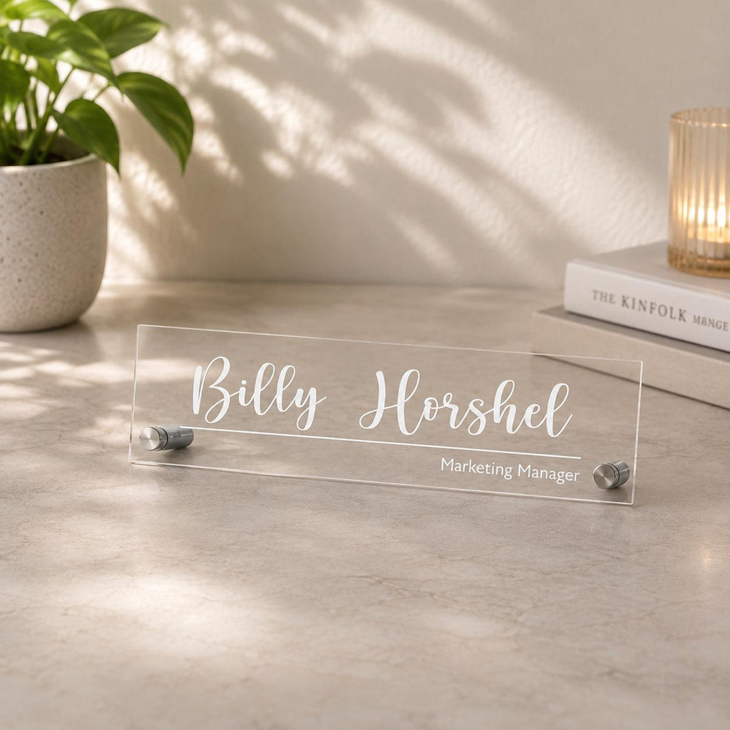 Personalized Acrylic Office Name Plate, Custom Desk Name Sign, Wall Mount Door Sign, Walnut Maple Wood Backing, Office Desk Decor — photo 8
