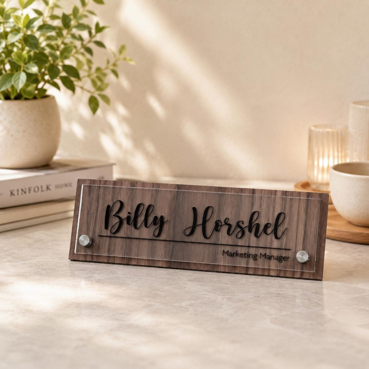 Personalized Acrylic Office Name Plate, Custom Desk Name Sign, Wall Mount Door Sign, Walnut Maple Wood Backing, Office Desk Decor — photo 11