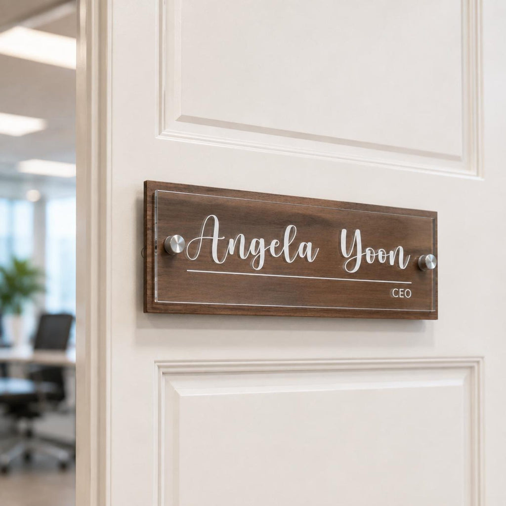Personalized Acrylic Office Name Plate, Custom Desk Name Sign, Wall Mount Door Sign, Walnut Maple Wood Backing, Office Desk Decor — photo 16