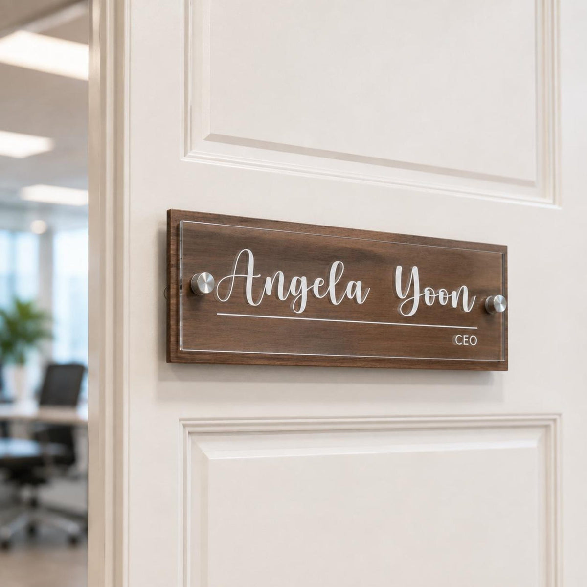 Personalized Acrylic Office Name Plate, Custom Desk Name Sign, Wall Mount Door Sign, Walnut Maple Wood Backing, Office Desk Decor — photo 16