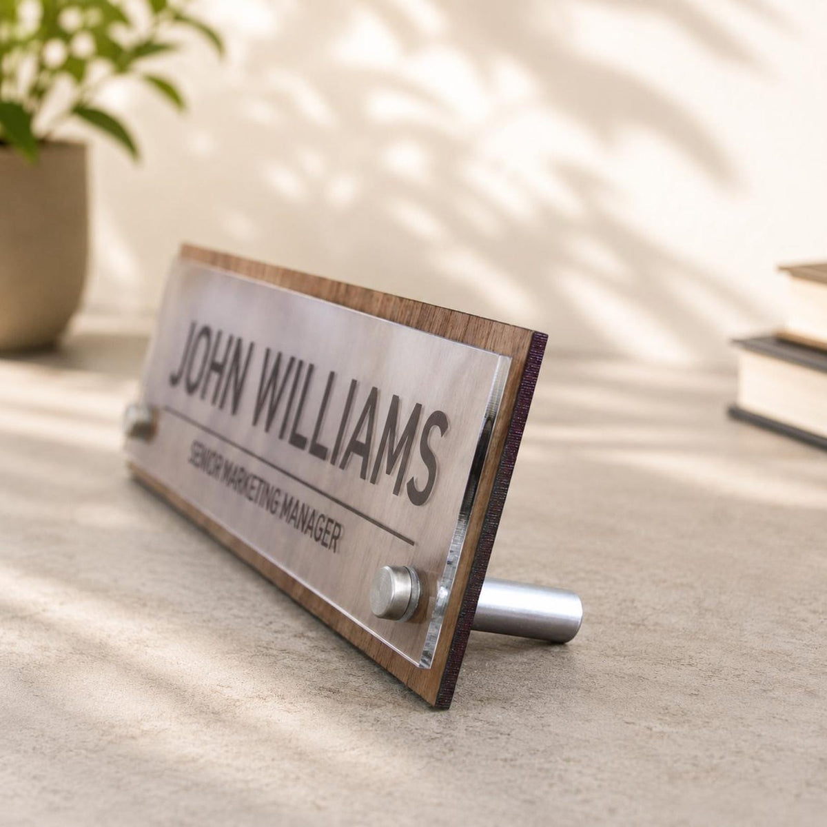 Personalized Acrylic Office Name Plate, Custom Desk Name Sign, Wall Mount Door Sign, Walnut Maple Wood Backing, Office Desk Decor — photo 6