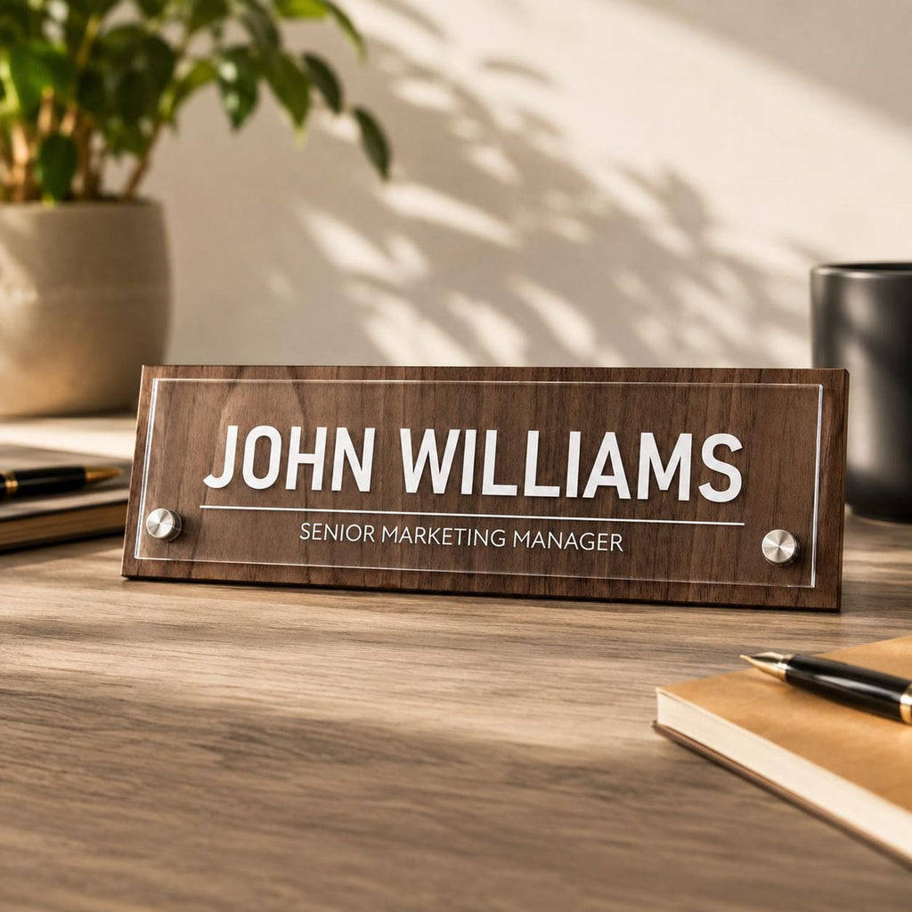 Personalized Acrylic Office Name Plate, Custom Desk Name Sign, Wall Mount Door Sign, Walnut Maple Wood Backing, Office Desk Decor — photo 1