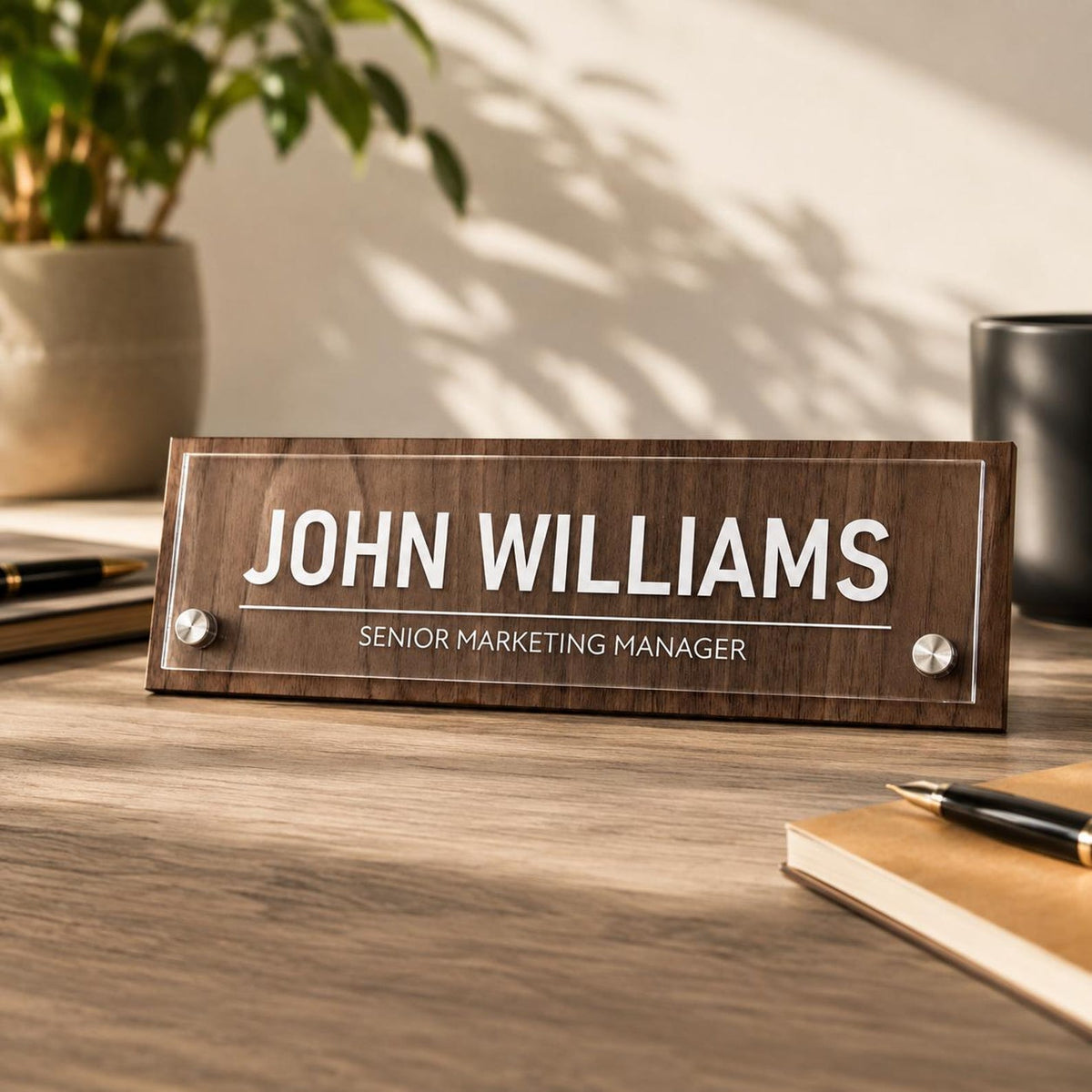 Personalized Acrylic Office Name Plate, Custom Desk Name Sign, Wall Mount Door Sign, Walnut Maple Wood Backing, Office Desk Decor — photo 1