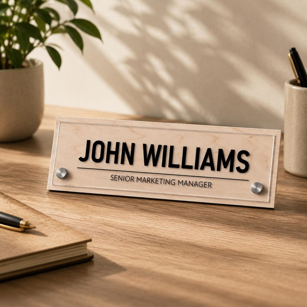Personalized Acrylic Office Name Plate, Custom Desk Name Sign, Wall Mount Door Sign, Walnut Maple Wood Backing, Office Desk Decor — photo 3
