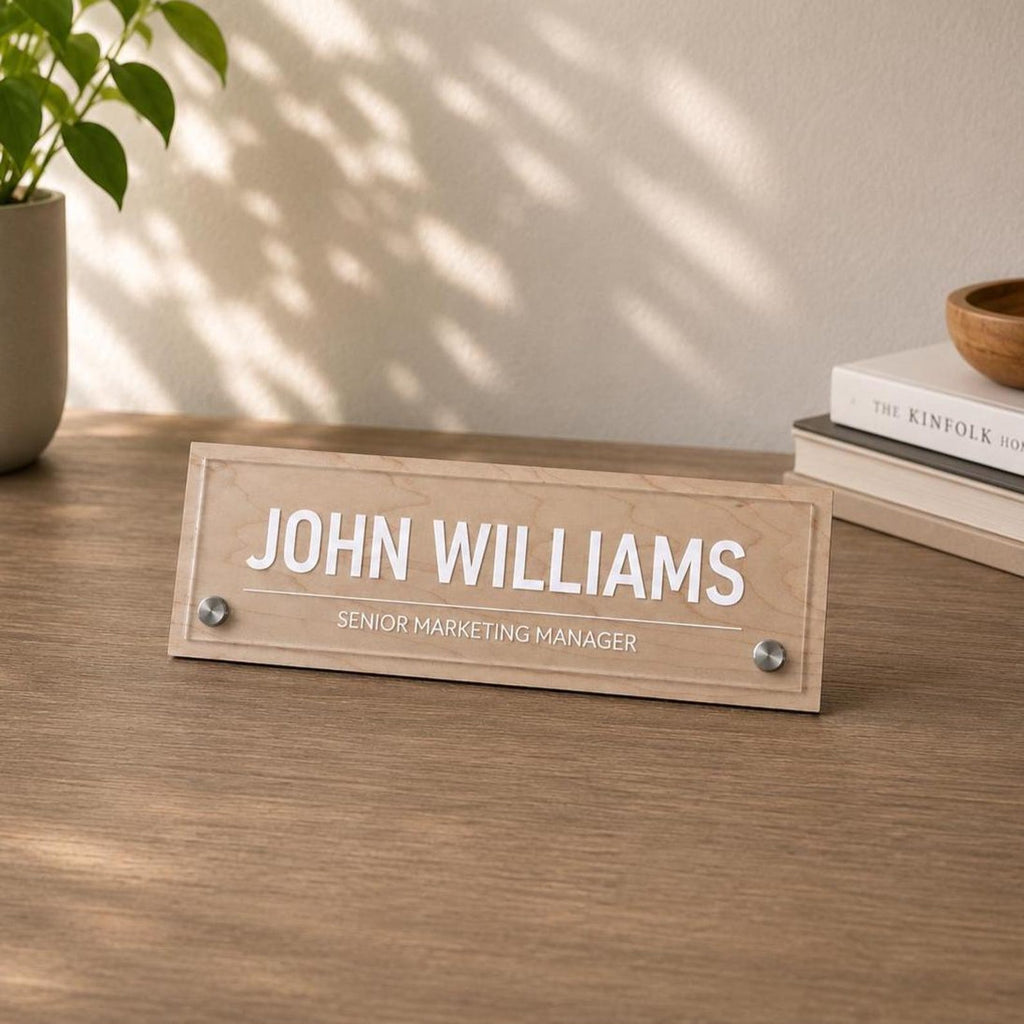 Personalized Acrylic Office Name Plate, Custom Desk Name Sign, Wall Mount Door Sign, Walnut Maple Wood Backing, Office Desk Decor — photo 4