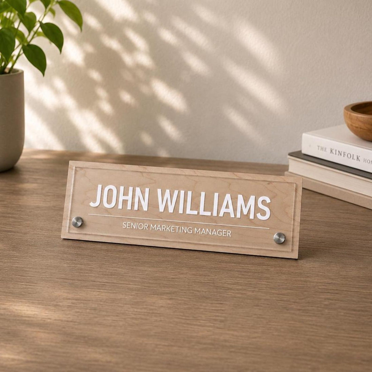 Personalized Acrylic Office Name Plate, Custom Desk Name Sign, Wall Mount Door Sign, Walnut Maple Wood Backing, Office Desk Decor — photo 4