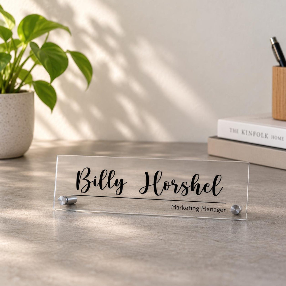 Personalized Acrylic Office Name Plate, Custom Desk Name Sign, Wall Mount Door Sign, Walnut Maple Wood Backing, Office Desk Decor — photo 9
