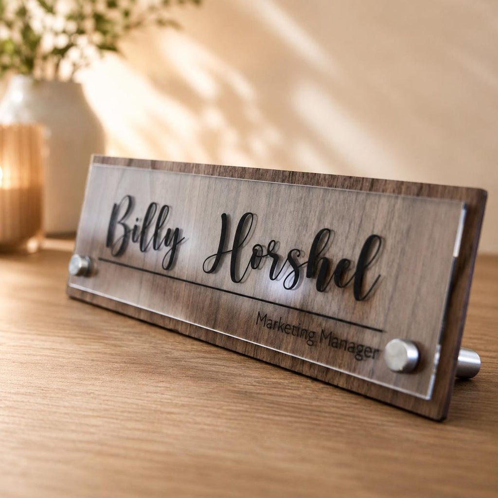 Personalized Acrylic Office Name Plate, Custom Desk Name Sign, Wall Mount Door Sign, Walnut Maple Wood Backing, Office Desk Decor — photo 12