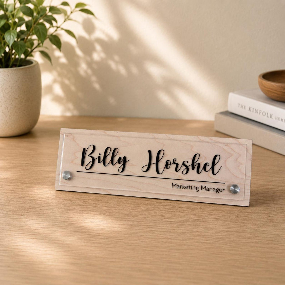 Personalized Acrylic Office Name Plate, Custom Desk Name Sign, Wall Mount Door Sign, Walnut Maple Wood Backing, Office Desk Decor — photo 10