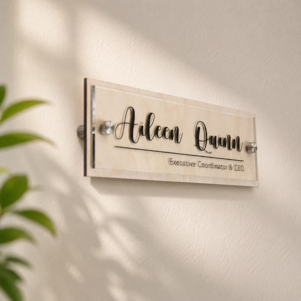 Personalized Acrylic Office Name Plate, Custom Desk Name Sign, Wall Mount Door Sign, Walnut Maple Wood Backing, Office Desk Decor — photo 13