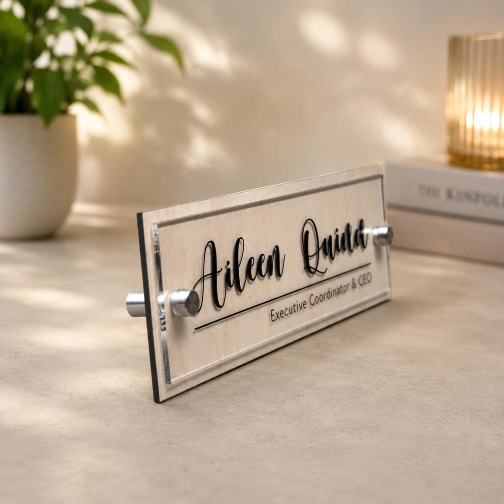 Personalized Acrylic Office Name Plate, Custom Desk Name Sign, Wall Mount Door Sign, Walnut Maple Wood Backing, Office Desk Decor — photo 14