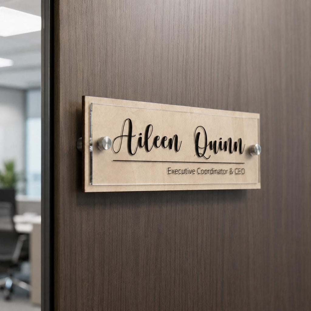 Personalized Acrylic Office Name Plate, Custom Desk Name Sign, Wall Mount Door Sign, Walnut Maple Wood Backing, Office Desk Decor — photo 15