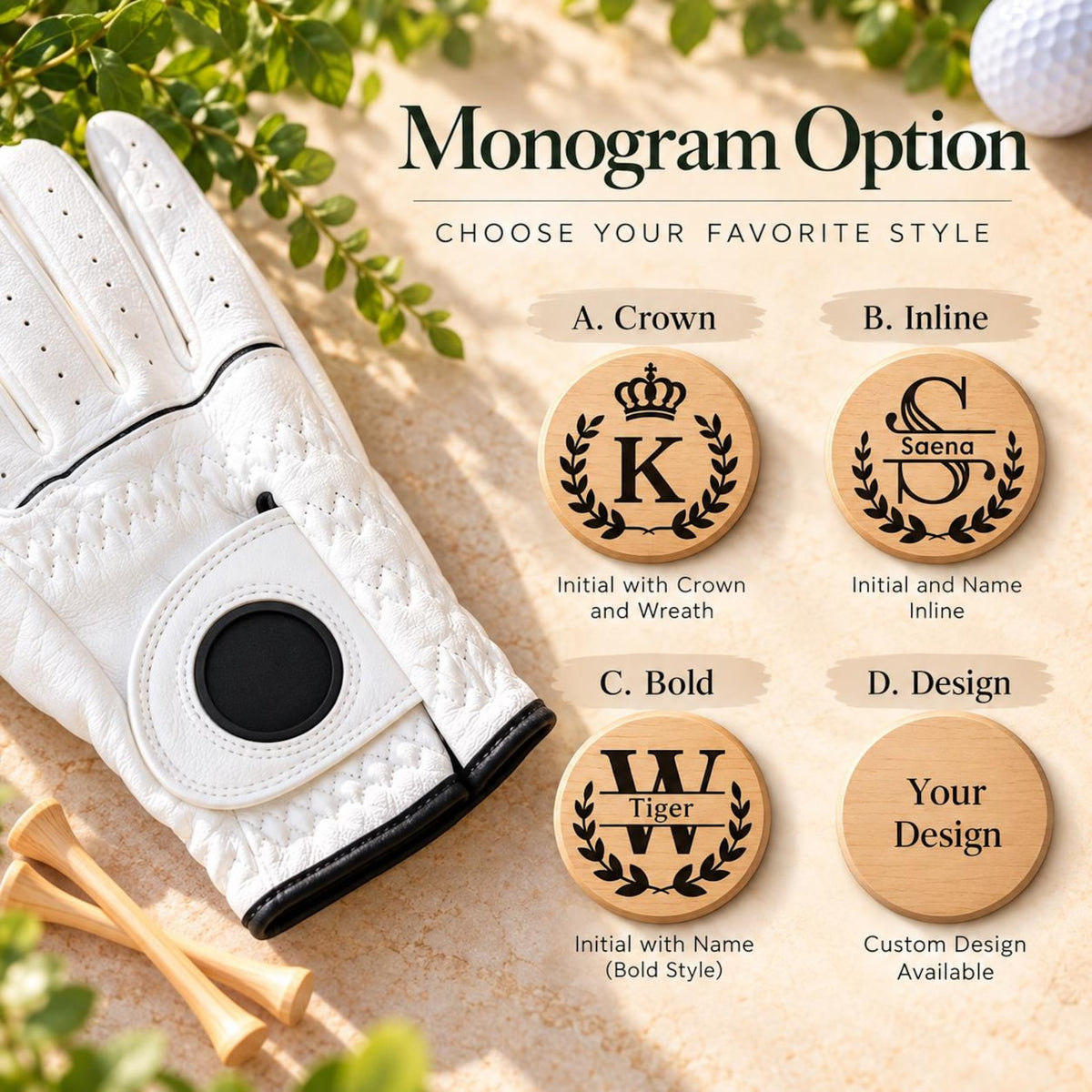 Personalized Men’s Golf Glove with Custom Wood Ball Marker, Cabretta Leather Golf Glove, Monogram Golf Gift for Him — photo 4