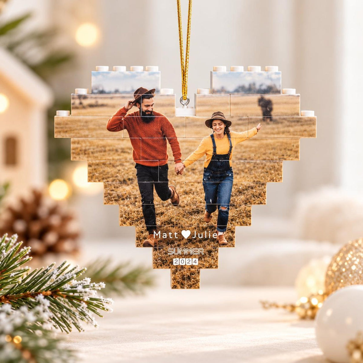 Custom Photo Building Block Ornament, Heart Brick Puzzle, Personalized Couple or Family Photo Gift — photo 1