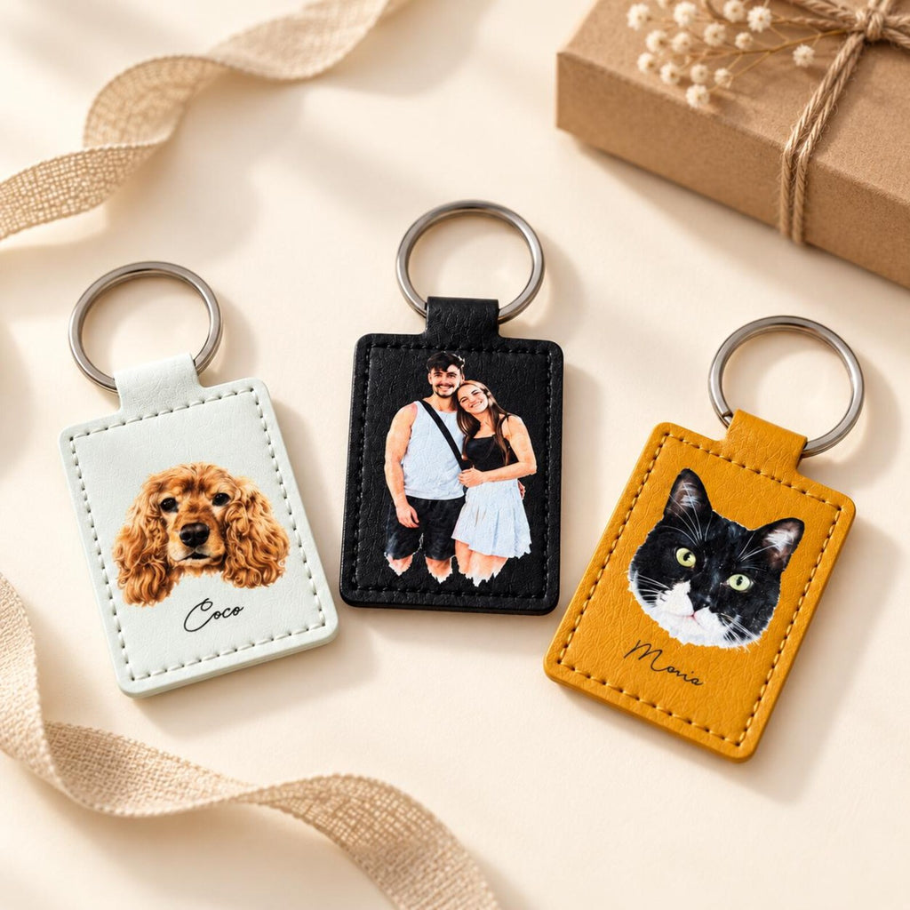 Custom Watercolor Photo Keychain, Personalized Faux Leather Pet or Family Keyring — photo 1