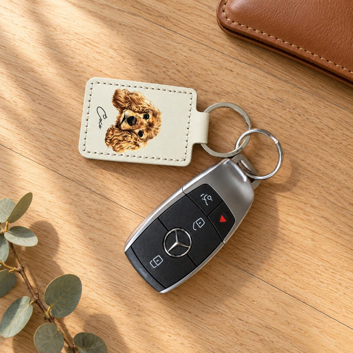Custom Watercolor Photo Keychain, Personalized Faux Leather Pet or Family Keyring — photo 5