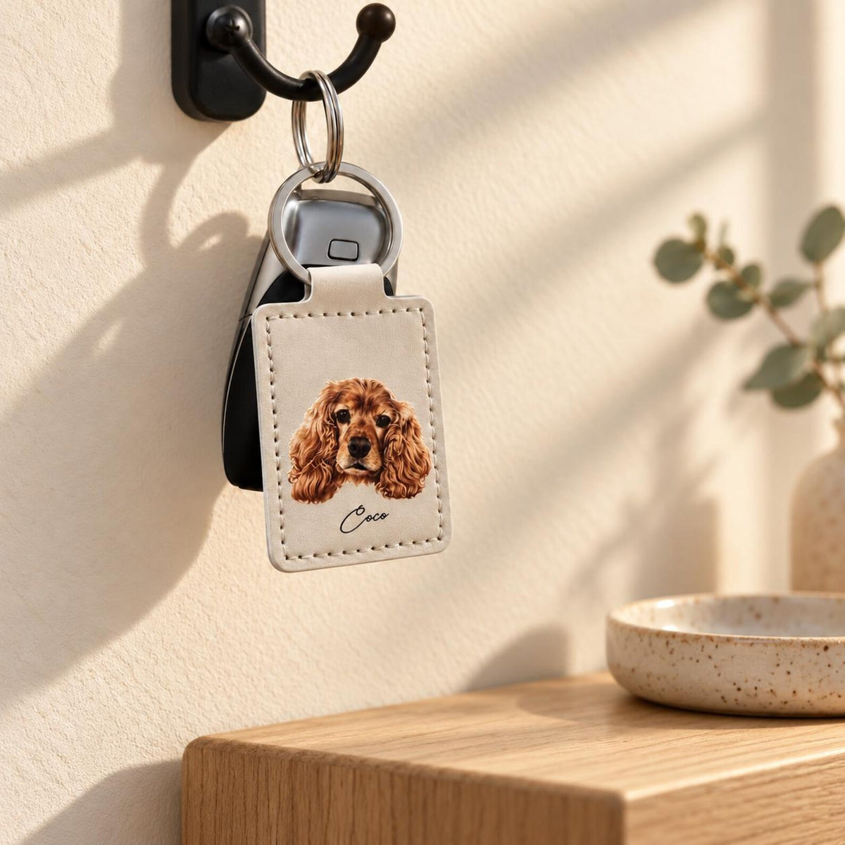 Custom Watercolor Photo Keychain, Personalized Faux Leather Pet or Family Keyring — photo 2